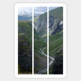 Wonderful landscapes in Norway. Vestland. Beautiful scenery of Voringfossen waterfall in the Mabodalen valley on the Hardanger scenic route. Mountains, trees in background. Cloudy day (vertical) Sticker